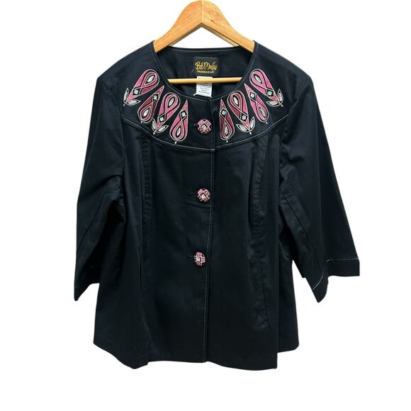 Bob Mackie‎ Wearable Art Jacket 1X Black Pink Sparkle 3/4 Sleeve Open Front Glam - Picture 1 of 9